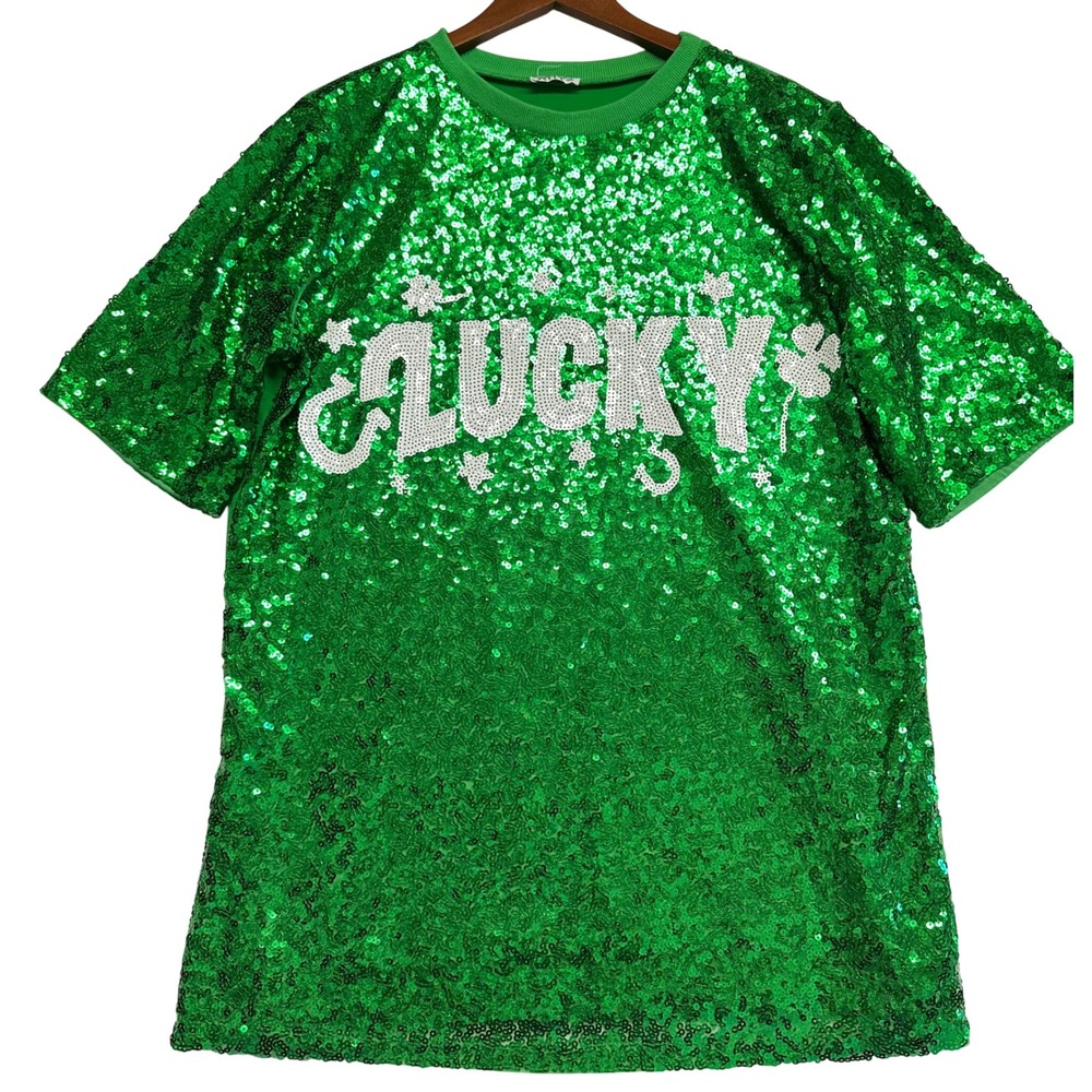 Why Dress Green Sequin Lucky St Patricks Day Top D230174 OS